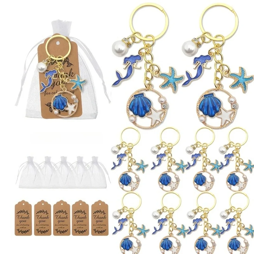 10/5 Ensembles de porte-clés étoile de mer et coquillage avec carte et sac en filet, pour la plage, pour femmes et hommes, cadeaux pour anniversaires, Noël, faveurs de mariage pour invités