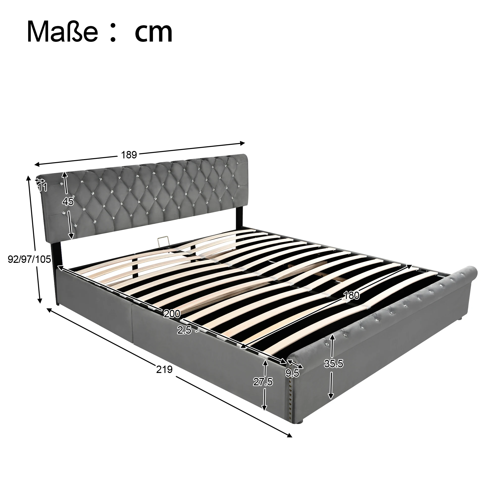 VSOGA-cama tapizada con marco de listones y cabecero, cabecero con altura ajustable para adolescentes, 180x200