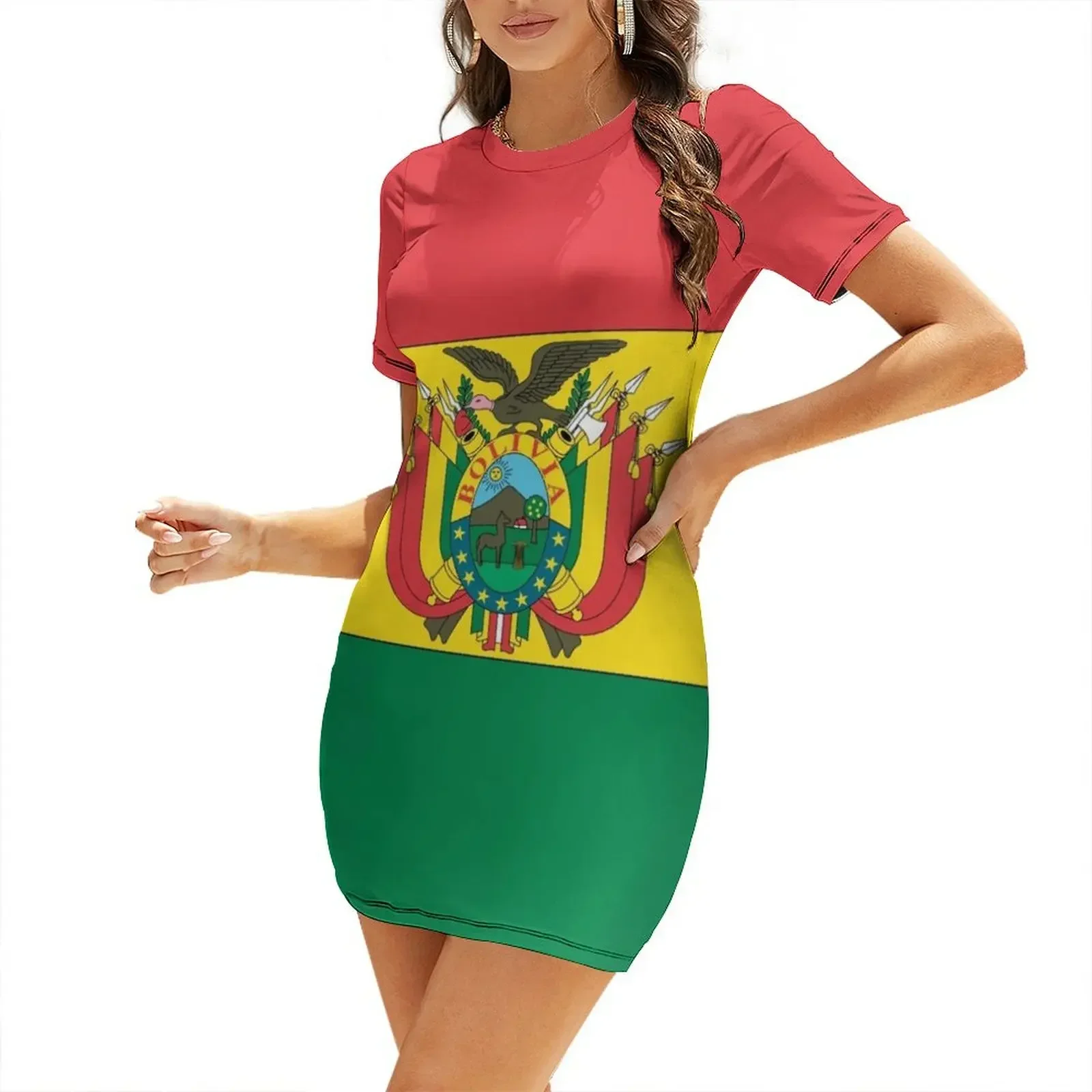 

Bolivia Flag Short-Sleeved Dress women's summer clothing 2026 women's evening dress 2026 summer dress korean women