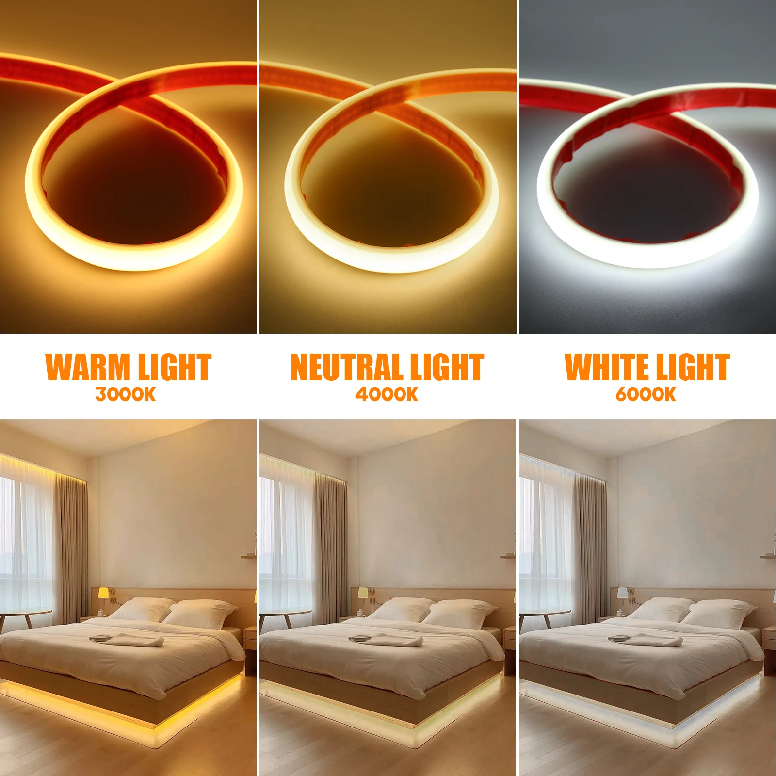 Adhesive LED Tape 220V 288LEDs/m Waterproof Flexible COB LED Strip With Dimmer Switch EU Plug Warm White/Natural White/White