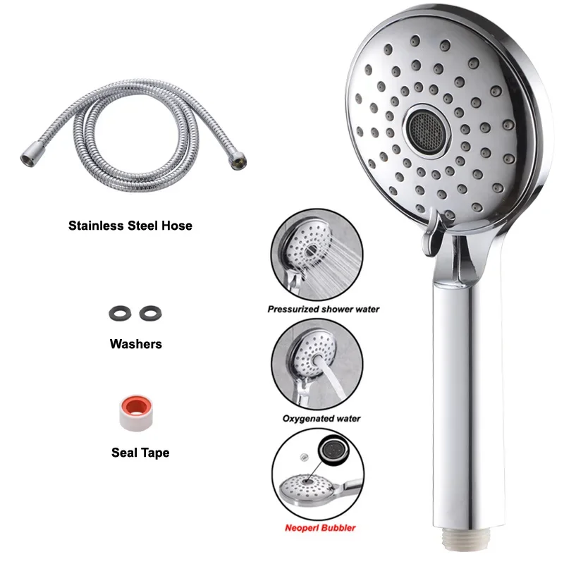 Pressurized, large amount of water, multi-function, handheld shower nozzle hose, silver and matte black