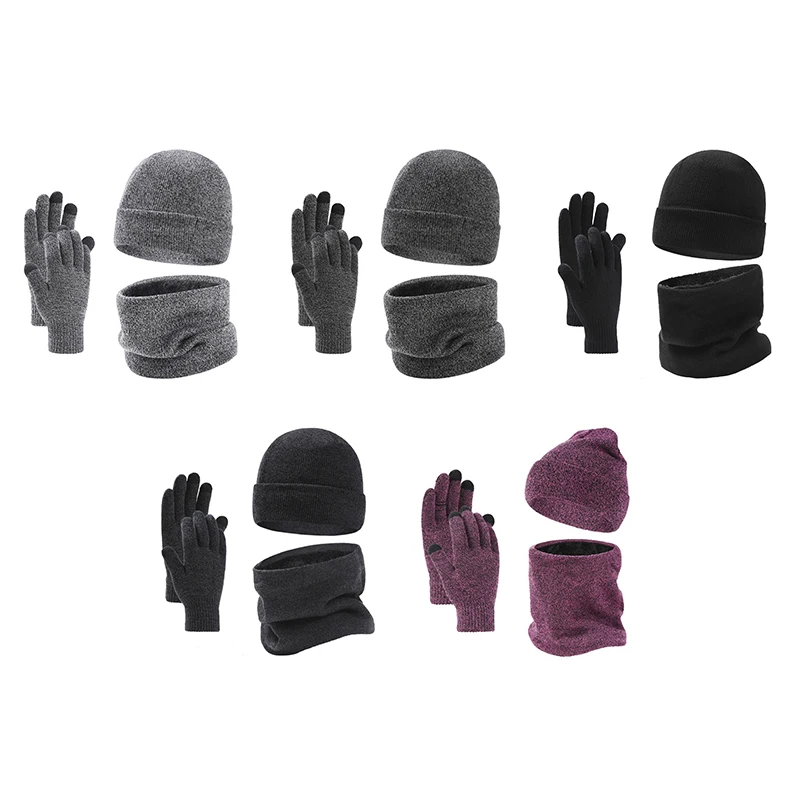 

Men Winter Hat And Scarf Gloves Set Soft Warm Man Knitted Beanie Bonnets Fleece Neck Warmer Scarf Touchscreen Gloves Set