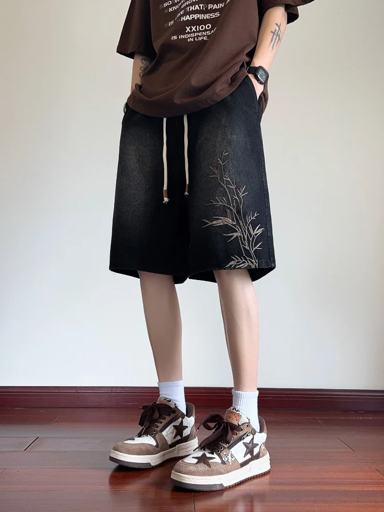 

Мужские джинсы с бамбуковой вышивкой, летние, модные, винтажные, в новом китайском стиле, укороченные, молодежные, свободного прямого кроя