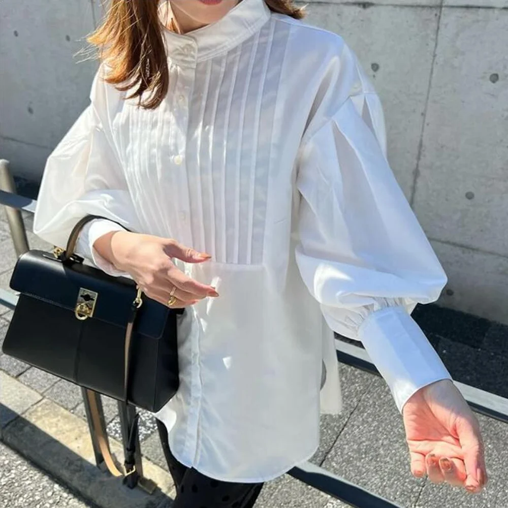 

2024 Spring New Lotte Instagram Hot Selling Loose and Slimming Solid Color Standing Neck Long slept Shirt Cardigan Top