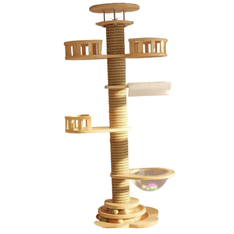 

Large Solid Wood Cat Tree Floor-to-Ceiling Jumping Platform Climbing Frame Tower with Sisal Toys