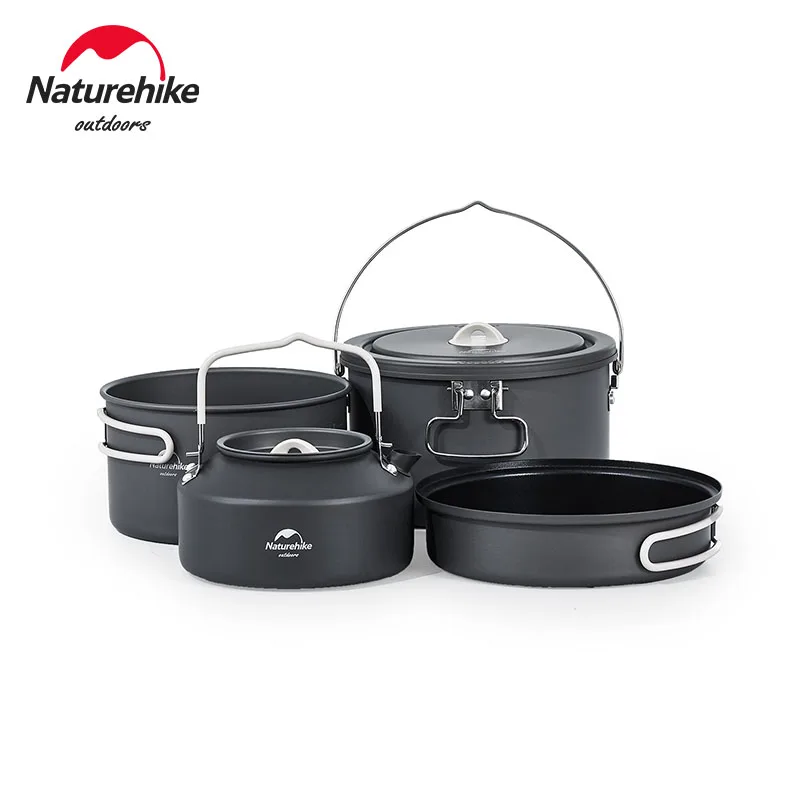 Naturehike Aluminum Alloy Pots Set 4pcs Non-Stick Pan with Mesh Bag Portable Outdoor Camping Cookware Picnic Cooking Tableware