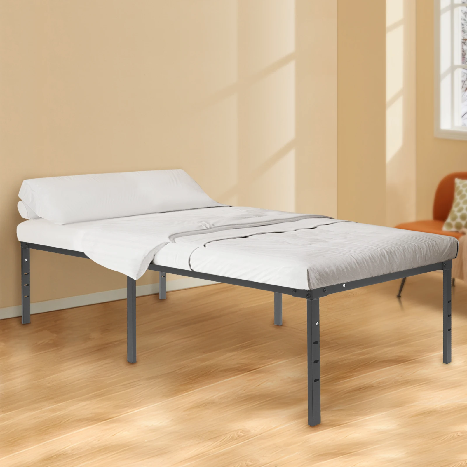 Estructura Resistente y Económica con Buena Apariencia, Base de Hierro Pintada en Negro, Cama Alta para Habitaciones de Huéspedes