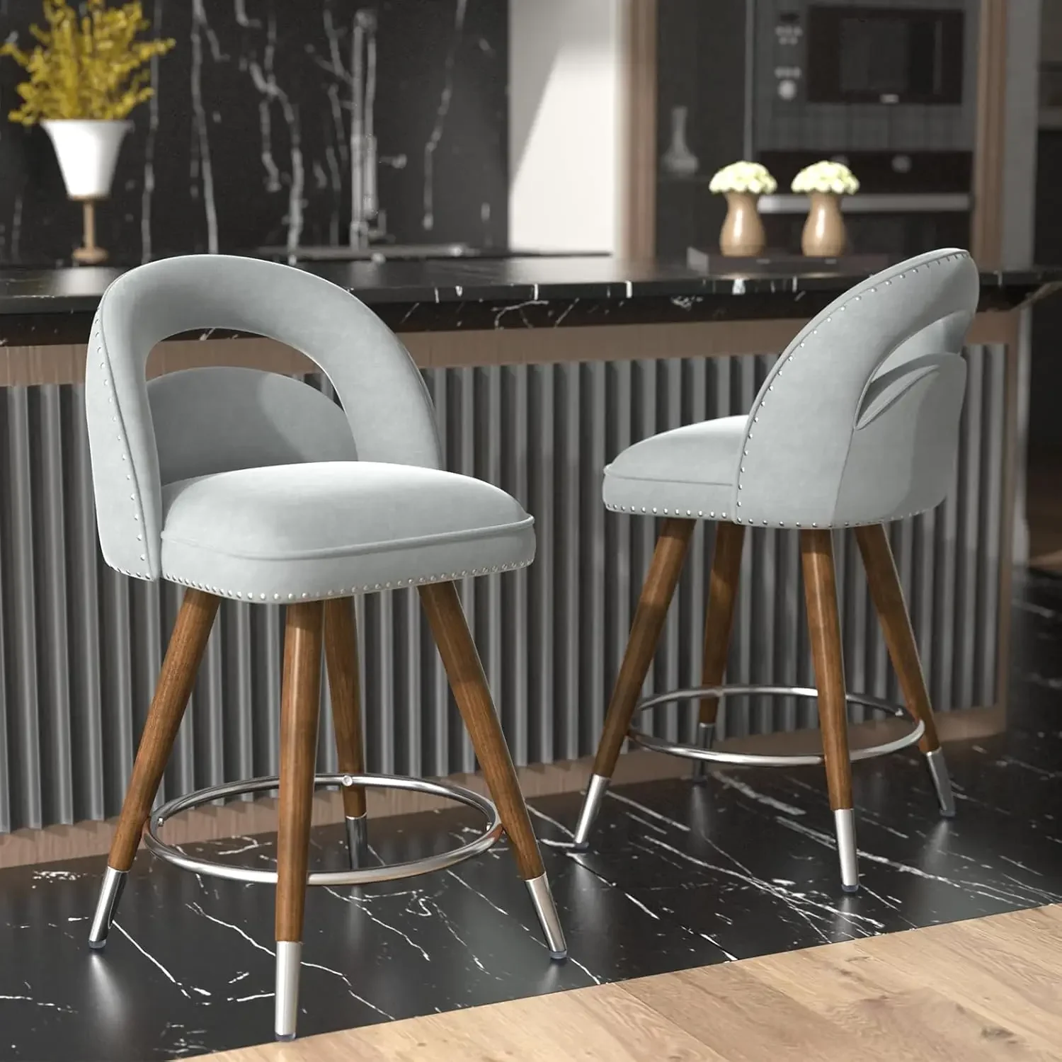 GYI Counter Height Bar Stools Set of 2, 24 Inch Swivel Bar Stools with Backs&Solid Wood Legs, Upholstered Grey Barstools, Velvet