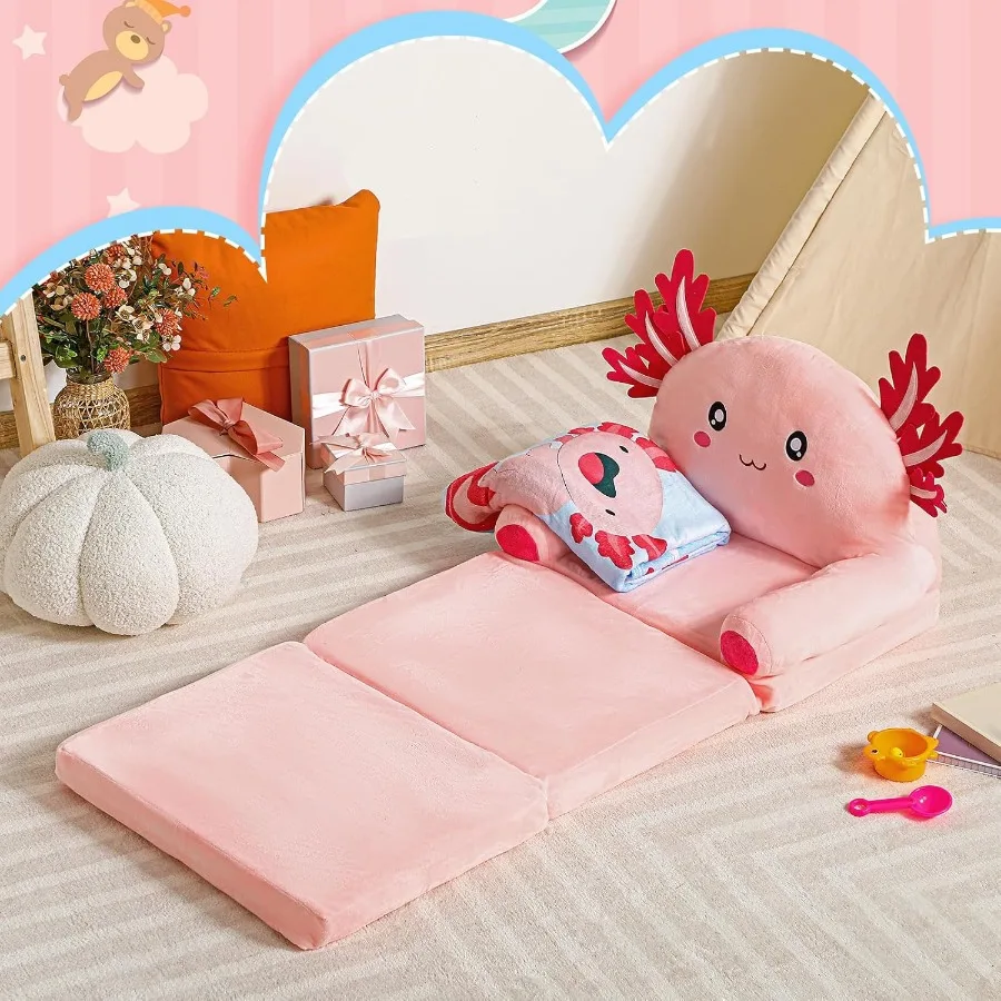 Sofá infantil conversível 2 em 1 rosa claro com cobertor para: sofá dobrável macio para cochilar, leitura e brincadeira, ideal e confortável