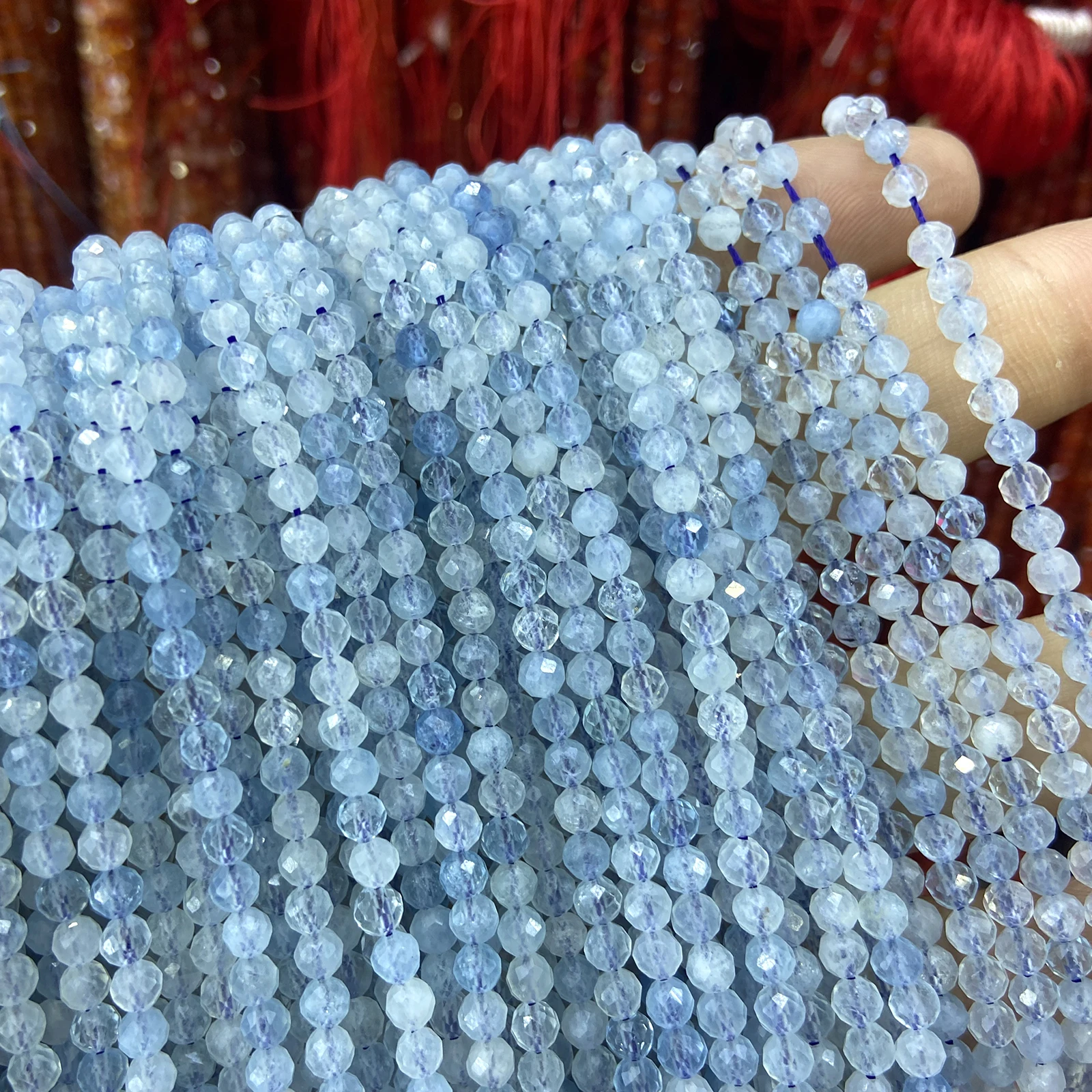 Natural Aquamarine Faceted Gemstone Round Stone Loose Beads With Cut Surfaces for Jewelry Making DIY Bracelets Necklace Strand