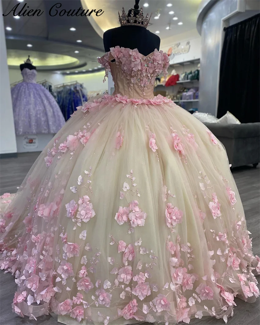 

Pink Princess Tulle Ball Gown Quinceanera Dress 2024 Beading Appliques Pearls Vestidos De15 Años Birthday Party