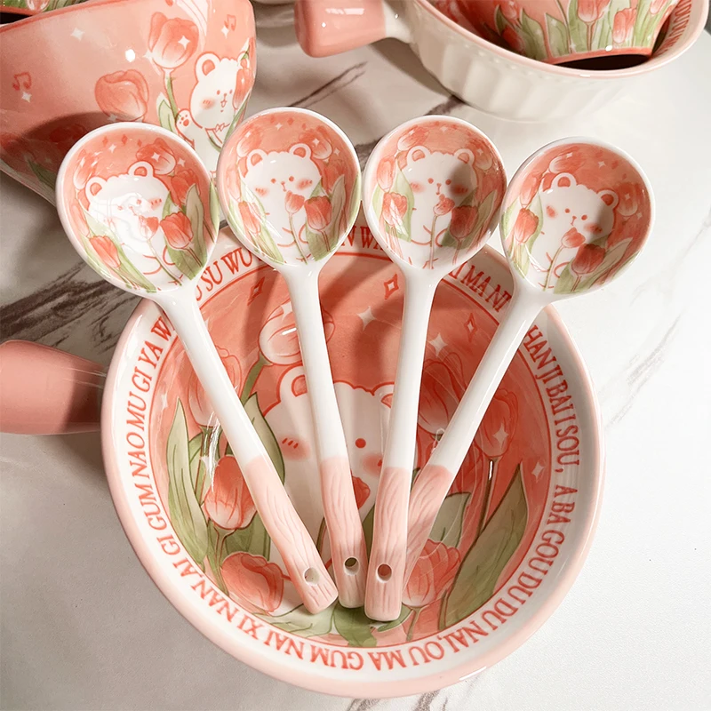 4/8PCS Ceramics Coffee Spoon Lovely Cute Cat Shape Teaspoon Dessert Snack Scoop Ice Cream Mini Spoons Tableware Kitchen Tools