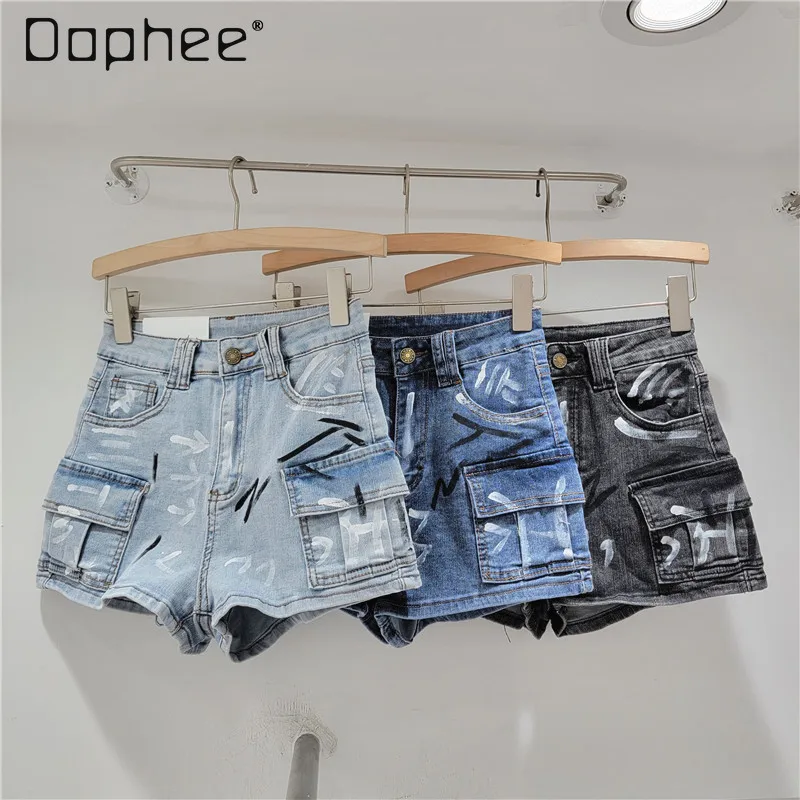 Personalized Graffiti Double Pocket Denim Shorts Overalls Casual High Waist Slimming A- Line Wide Leg Jean Hot Pants Female