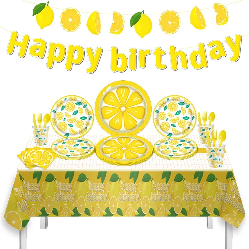 8Guests Yellow Lemon Fruit Theme Disposable Birthday Tableware Lemon Plates Cups Napkins Summer Fruit Birthday Supplies