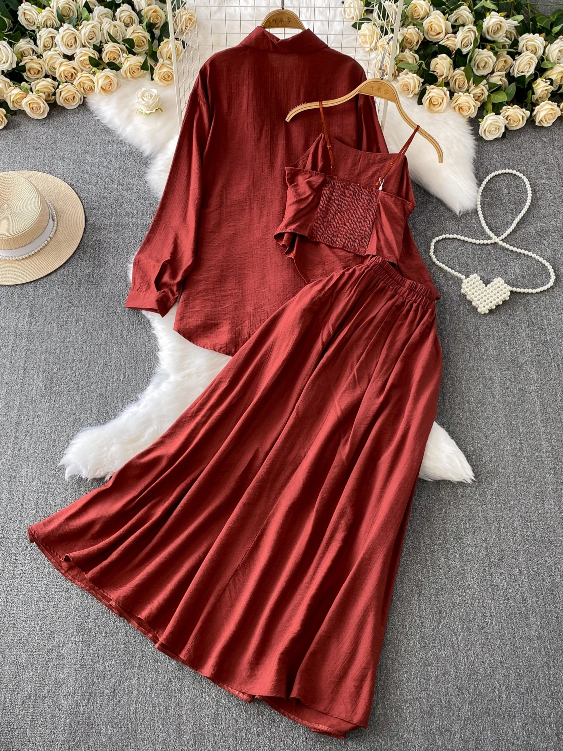 Korean Sle Long Sve Sun Protection irt + Pleated Slimming Underwear + High Waist  Skirt Tee-Piece Set Women's Fa...