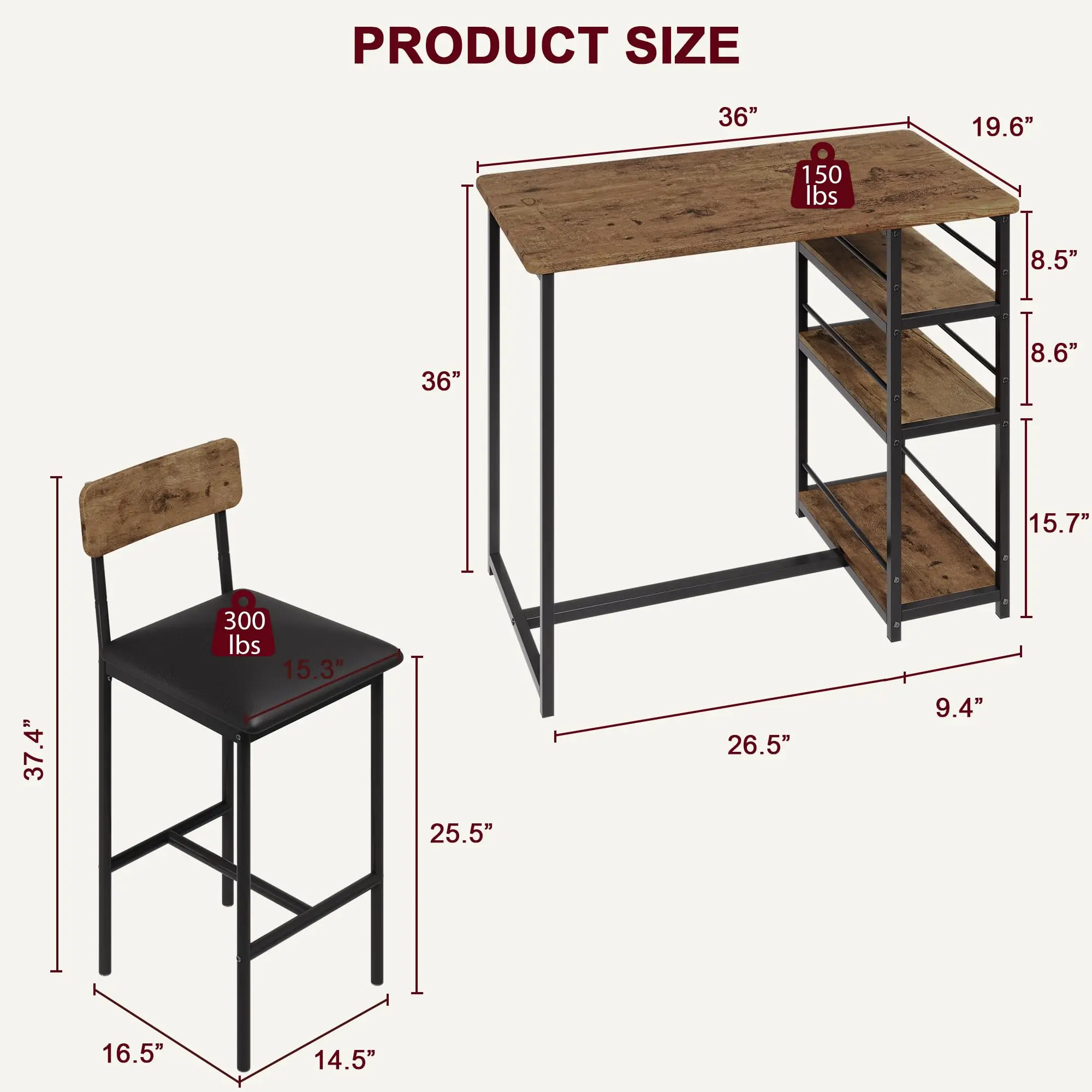 Narrow bar table, bar stool with 2 stools, retro color, suitable for living room, dining room