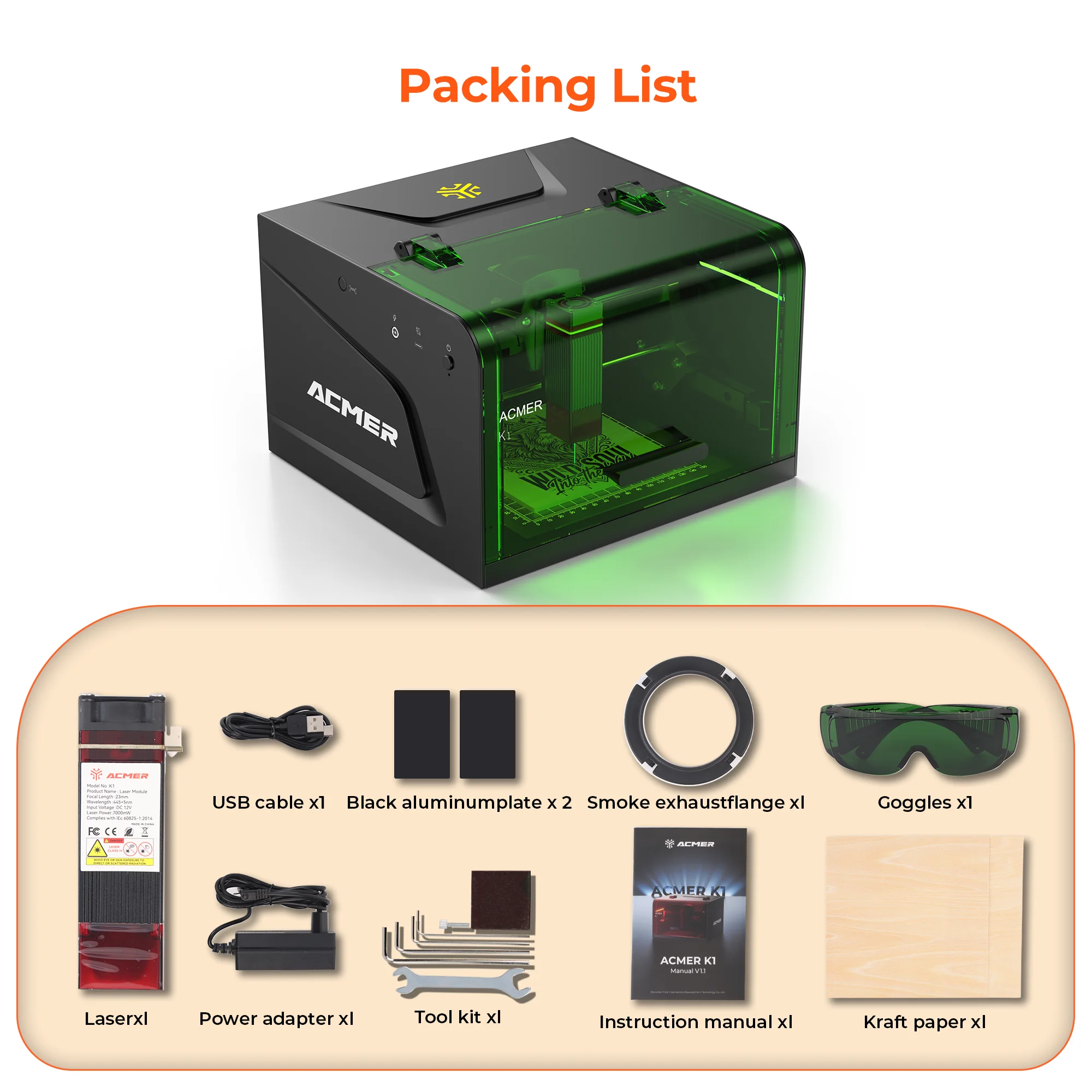 ACMER K1 Laser Engraver 0.01mm High Precision Laser Engraving Machine Enclosed Protective Cover Anti-Tilt Laser Cutter Support 300+ Materials Work on Wood Leather Metal Glass, Compatible Windows macOS Linux LightBurn GRBL DIY Custom Gift Engraving Tool - view 8