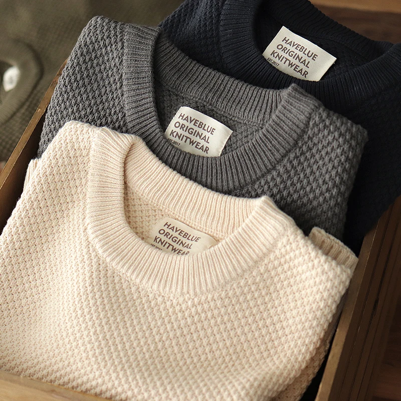 

Heavyweight Oversized Men's Knitwear round Ne Thiened Casual Sle Japanese Retro Pine Pattern Laid-Ba Knitted Swe...