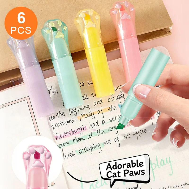 

6 Cat Paw Fluorescent Pens, Blue, Purple, Green, Yellow, Orange, Pink, Suitable for School, Office, Graffiti, Drawing, Classroom Rewards, Note-Taking, Back-To-School Supplies