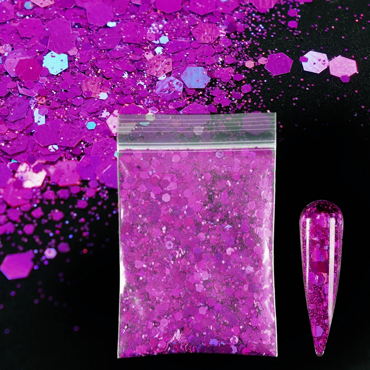 Roxo Holográfico Prego Glitter, Mixed Hexagon Chunky, Decoração de lantejoulas brilhante, Nails Art Accessories Supplies, 10g por saco