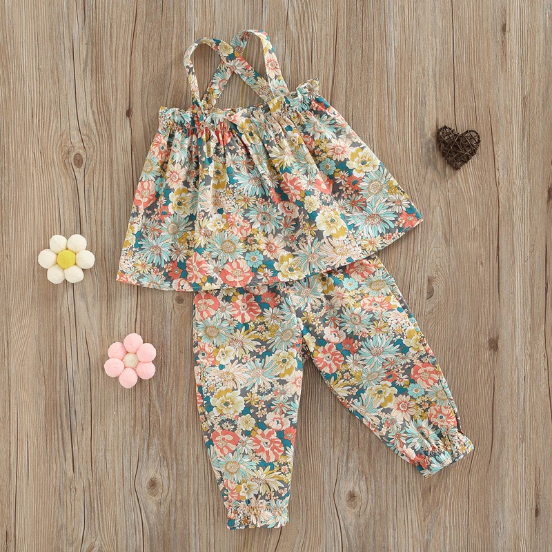 Fashion Toddler Girls Summer Outfit Clothing Sets Sleeveless Backless Floral Print Camisole + Elastic Band Floral Pants