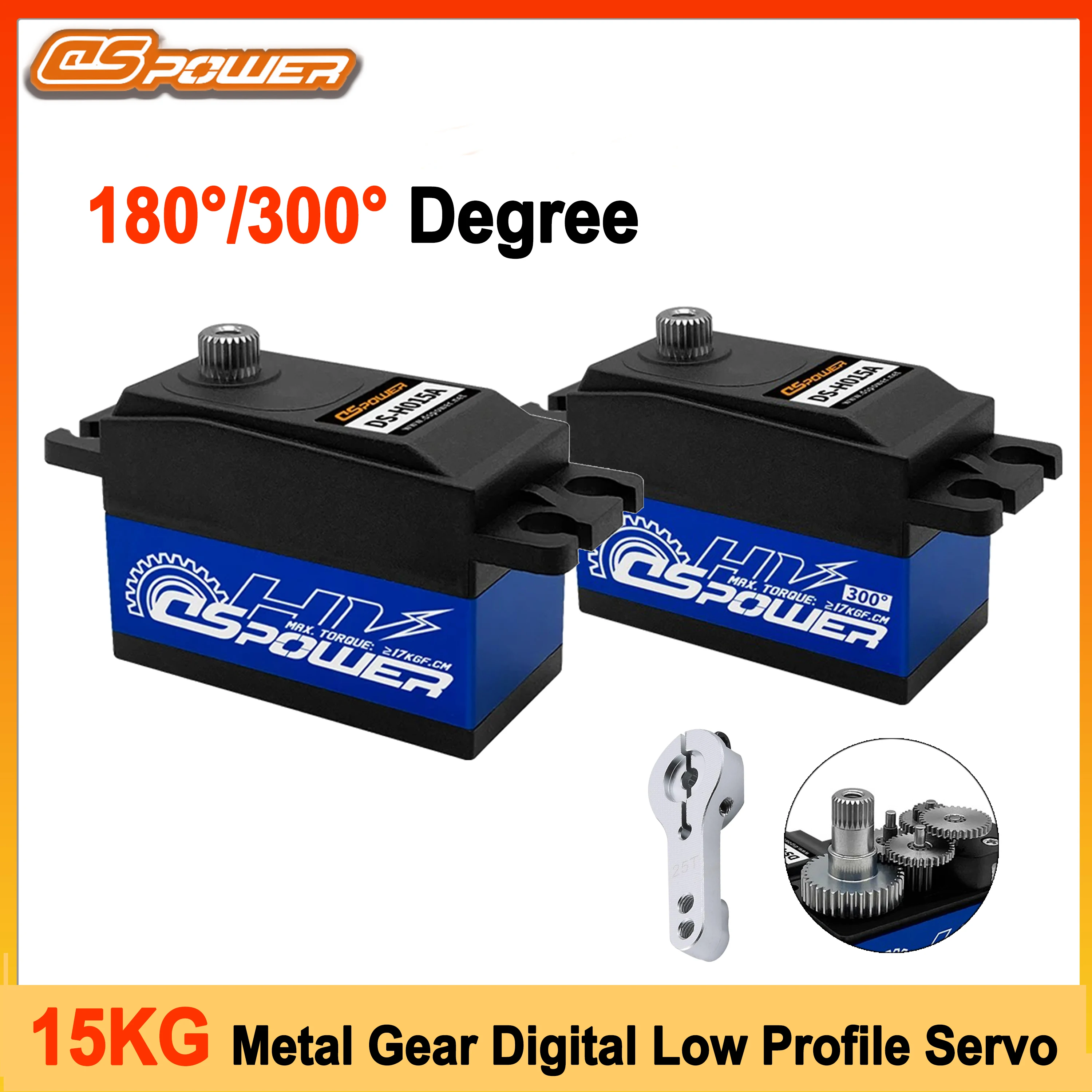 DSPOWER 15KG Niskoprofilowe Serwo Cyfrowe z Metalowymi Przekładniami 180/300 Stopni do Modeli Samochodów RC 1/8 1/10, Helikopterów, Robotów, Łodzi, Akcesoria do Zabawek