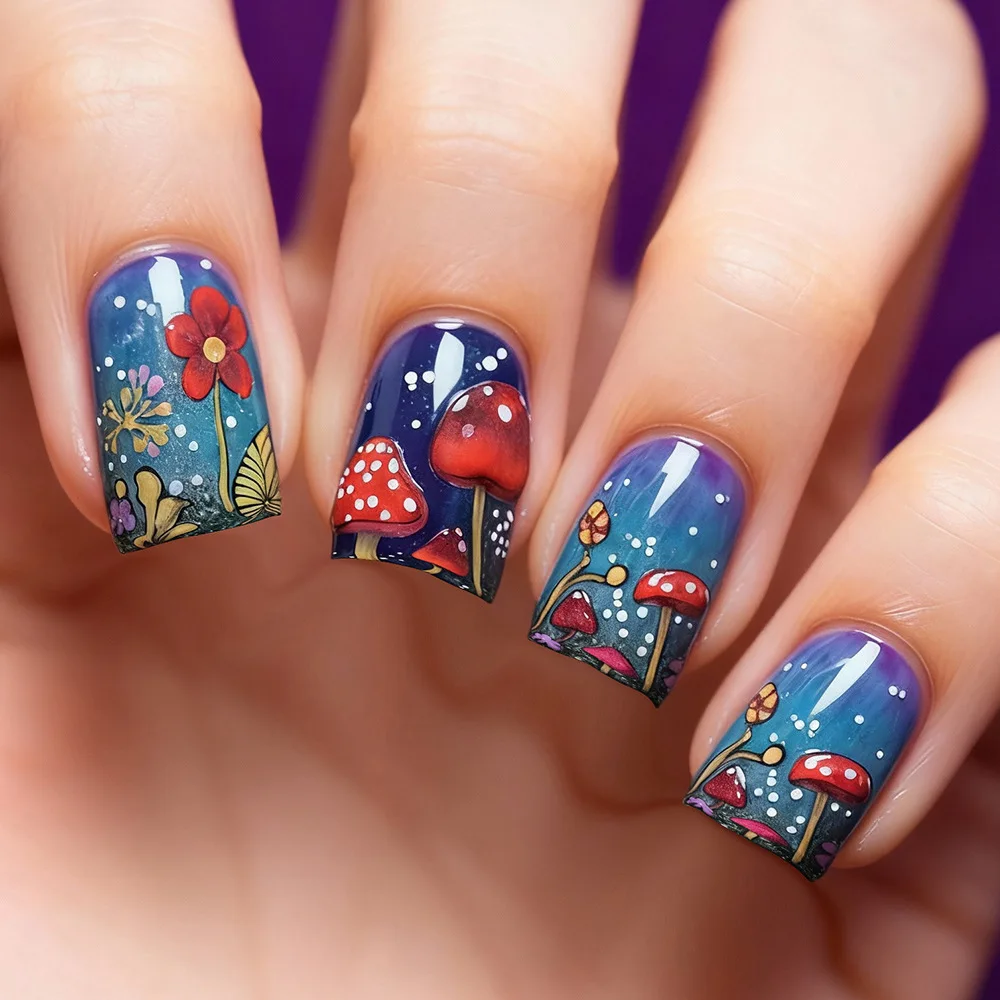 Kurze mittelgroße künstliche Nägel für Frauen und Mädchen, süßes buntes Pilzblumen-Wald-Design, quadratische Mandel-Nagelspitzen zum Aufdrücken falscher Nägel