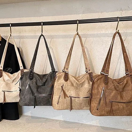 Women Vintage PU Leather Shoulder Bag Large Capacity Retro Tote Handbag Multi Zipper Casual Commuter Travel Top Handle Bag