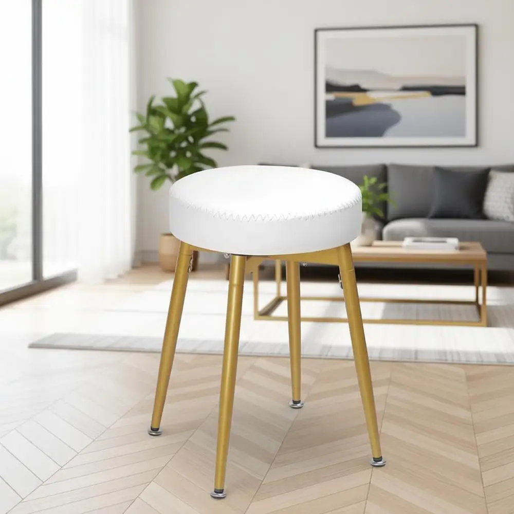 

360° Swivel Makeup Vanity Stool with Round Leather Seat and Metal Legs, White & Gold for Bedroom or Living Room