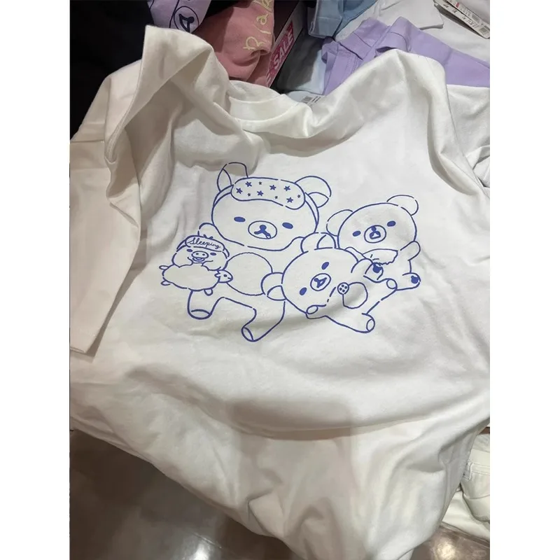 Hand Drawn Cartoon Cute Bear Printed T Shirts Pure Cotton White Tees Japanese Kawaii Anime Girls Lovely Short Sleeve Tees Casual