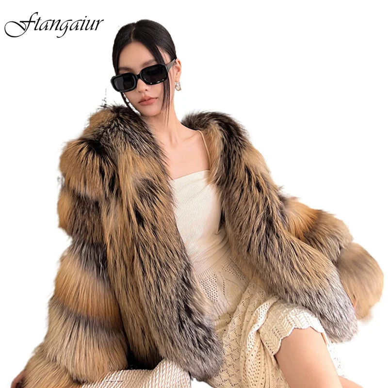 

Ftangaiur Winter Imported Golden Island Fox Fur Mandarin Collar Full Sleeve Women Medium Fox Coat Natural Fur Slim Fox Fur Coats