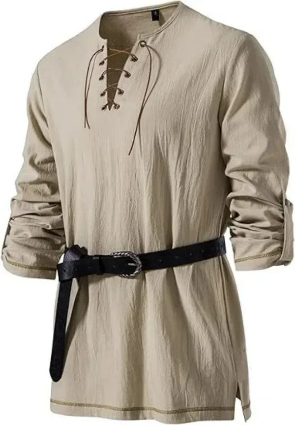 Mittelalterliches Schnürhemd für Herren mit Gürtel, langärmelig, Vintage-Piraten-Wikinger-Oberteil, Halloween-Cosplay-Kostüm, lässige Bluse – Detail 8