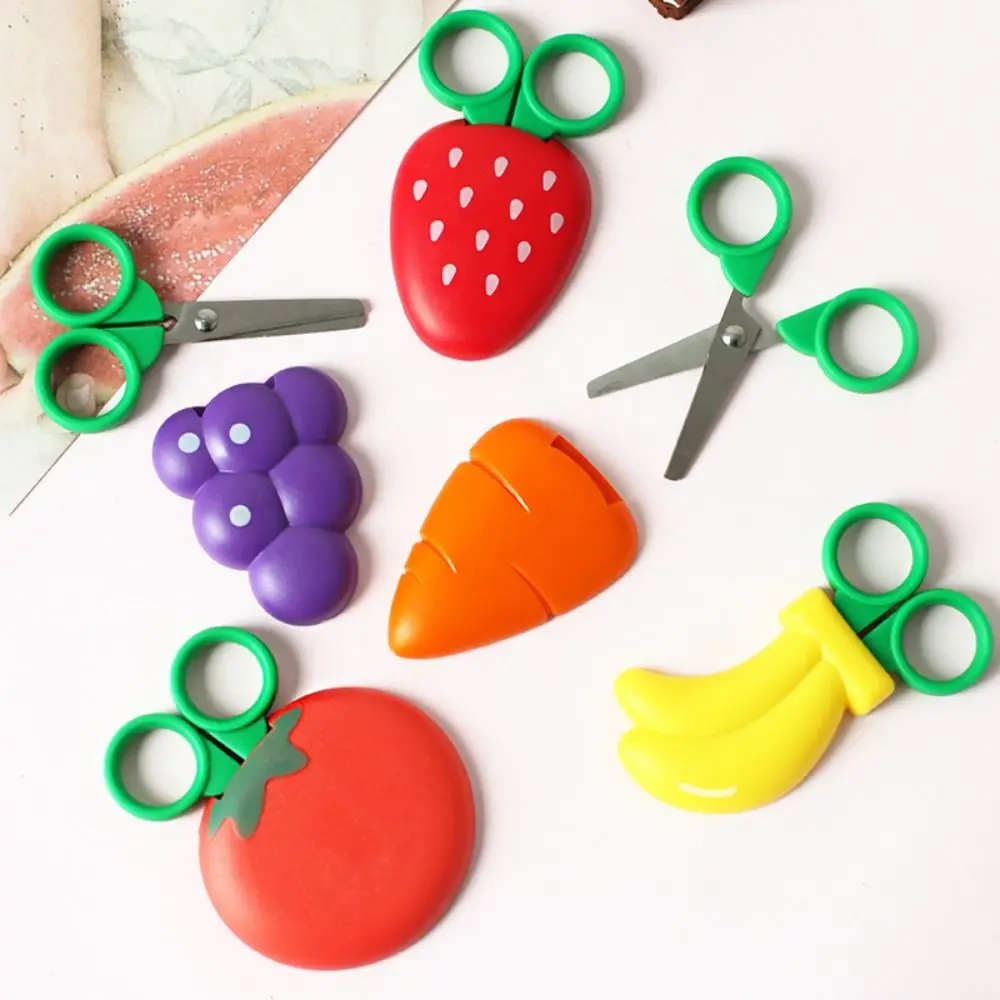 4Pcs Magnetic Cartoon Fruit Scissors Grape Banana Safe Mini Scissor Multi-function Refrigerator Sticker Mini Pocket Scissors