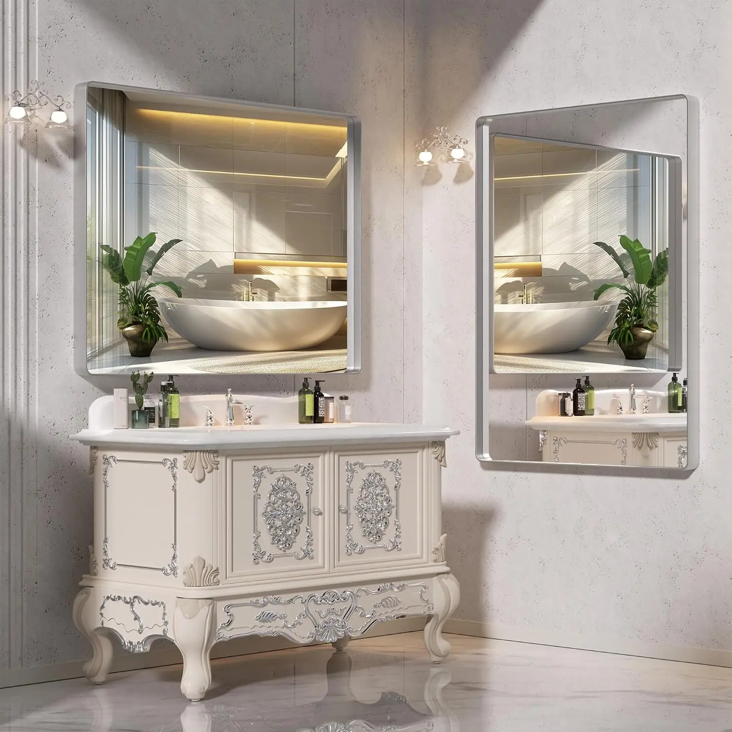 Hasipu 2 Pcs Bathroom Mirror For Wall, 36 X 30 Inch Silver Metal Framed Bathroom Mirrors For Over Sink, Rectangle Bathroom