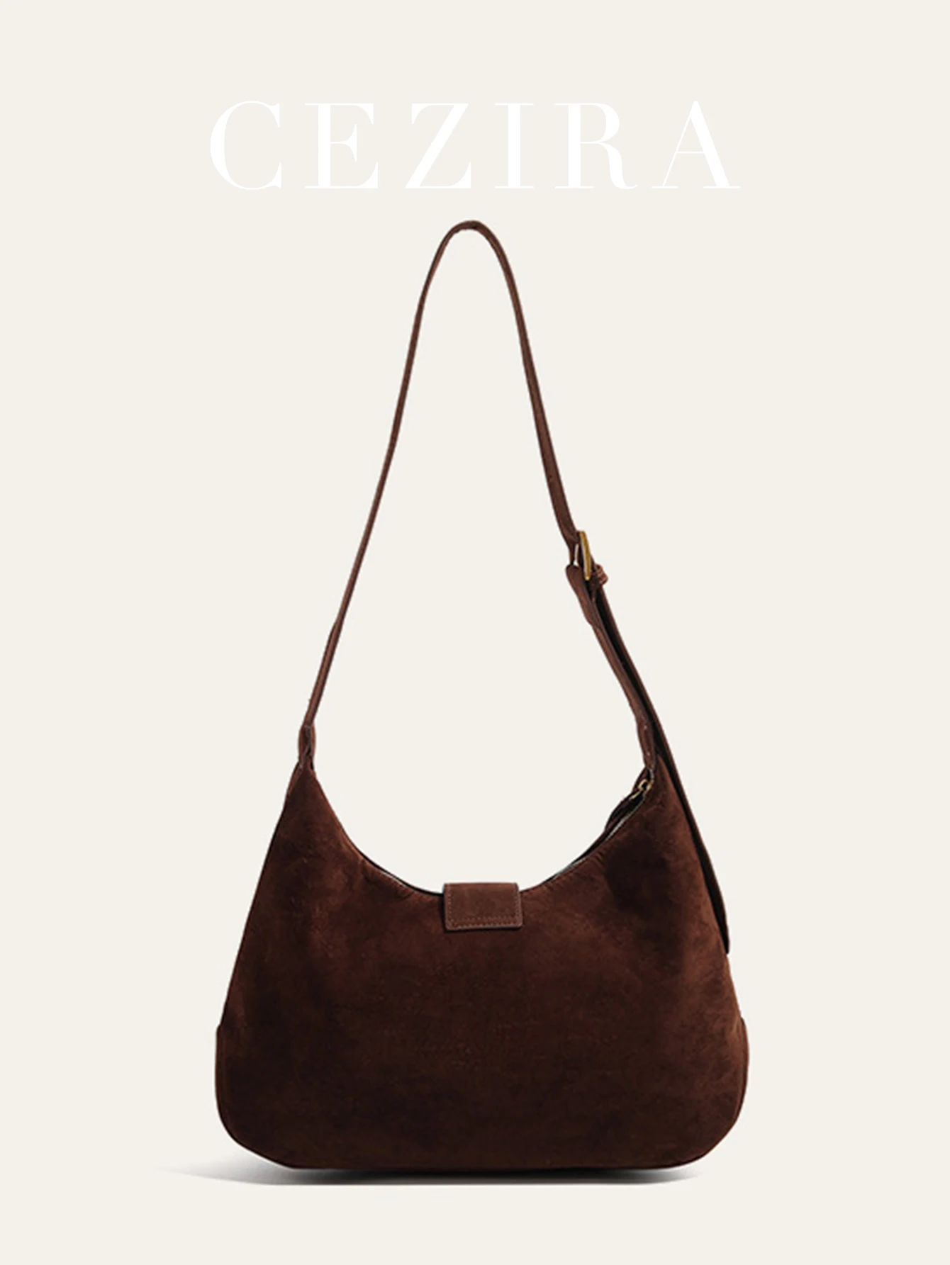 Vintage Style Faux Suede Fabric Hobo Bag for Women Big Buckle Decor Large Capacity Casual Daily Underarm Shoulder Handbag