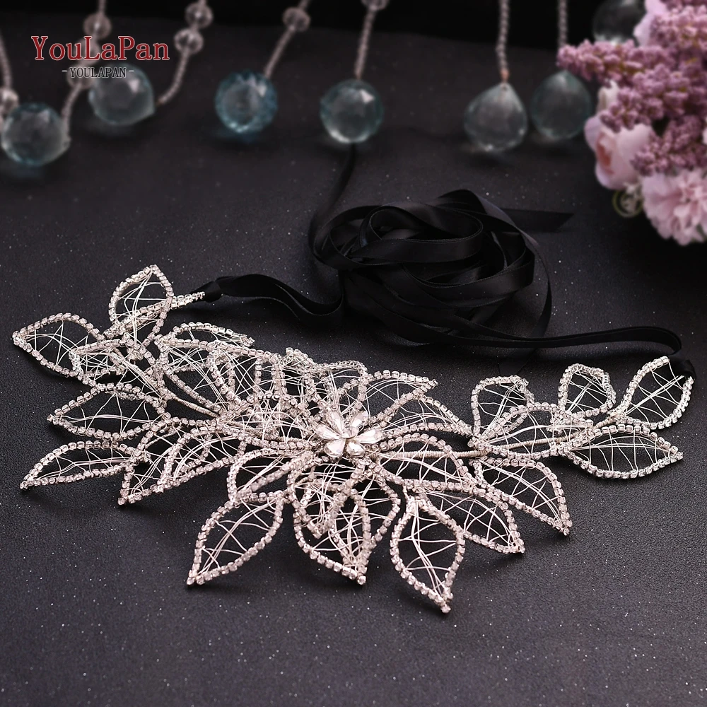 YouLaPan cinturón de boda plateado para mujer, faja de flores con diamantes de imitación, cinturón con cinta, cinturones de vestido de novia, SH256