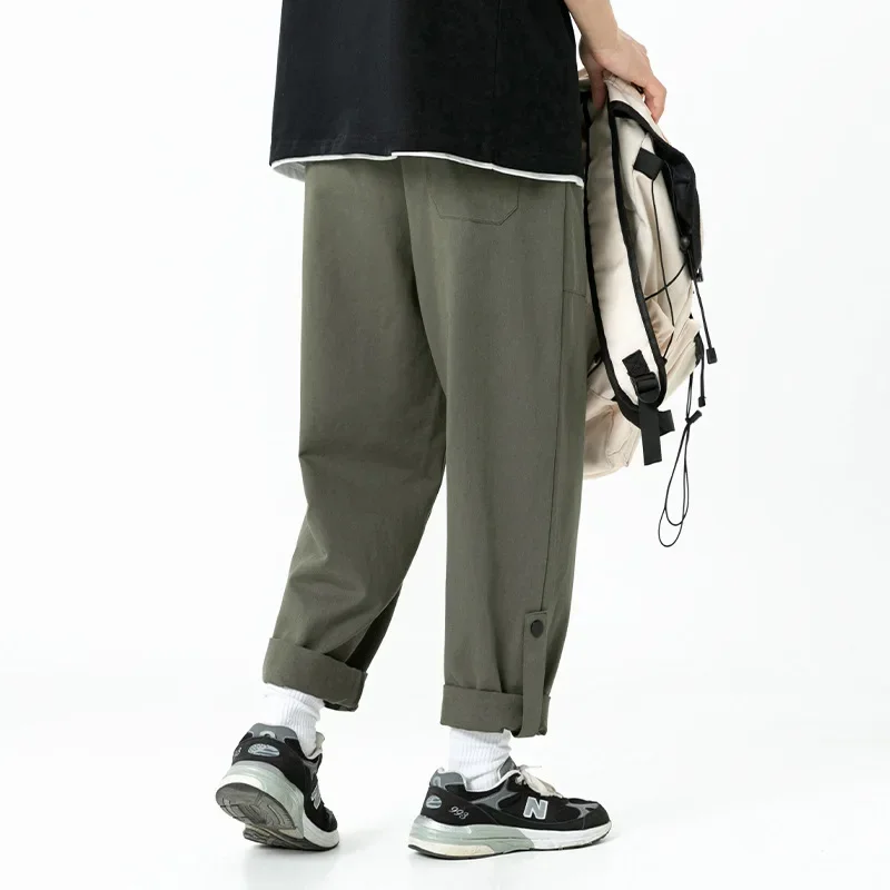 New Spring and Autumn Casual Sweatpants 100% Cotton Streetwear Japanese Foot Button Design Sense Loose Straight Cargo Pants Men