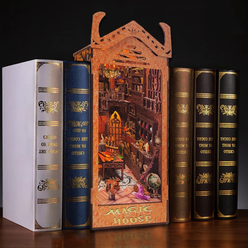 

DIY Book Nook Insert Shelf Wooden Miniature Building Kits Magic House Bookend Assembled Bookshelf Home Decoration Friends Gifts