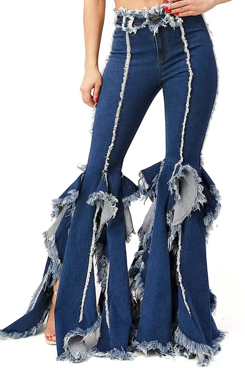 

Women's dark blue slimming flared jeans with frayed edges, fashionable, stage-style, mid-waist, stretchy denim long pants.