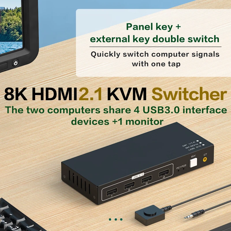 Kvm 8k hdmi adaptador, 2 portas, usb 3 0, 4k, 60hz, 120hz, hdcp, para ps5, tv, pc e impressora