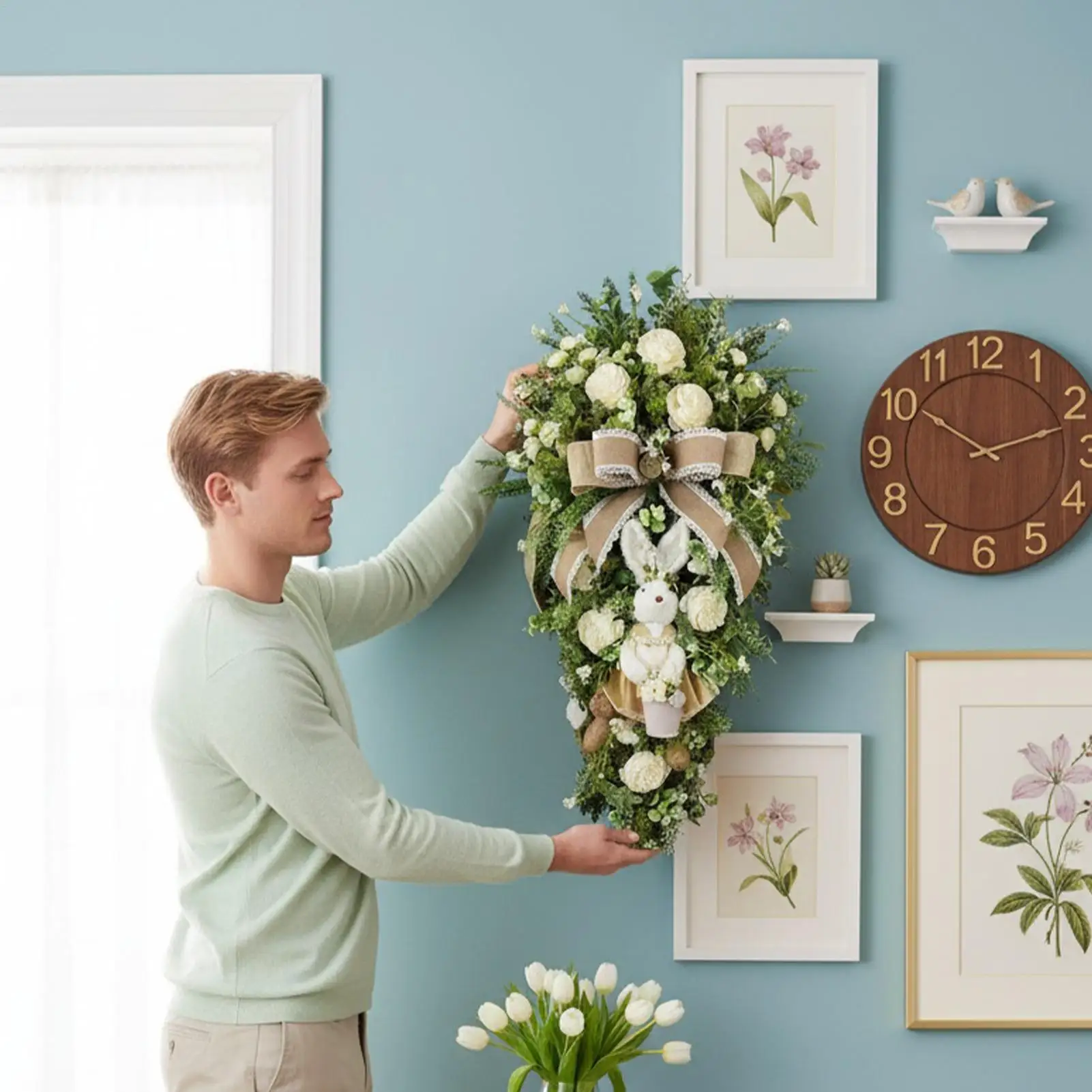 

Easter Wreath Decor Artificial Teardrop Bunny Garland Spring Flower Wreath for Front Door Patio Window Garden Backyard Balcony