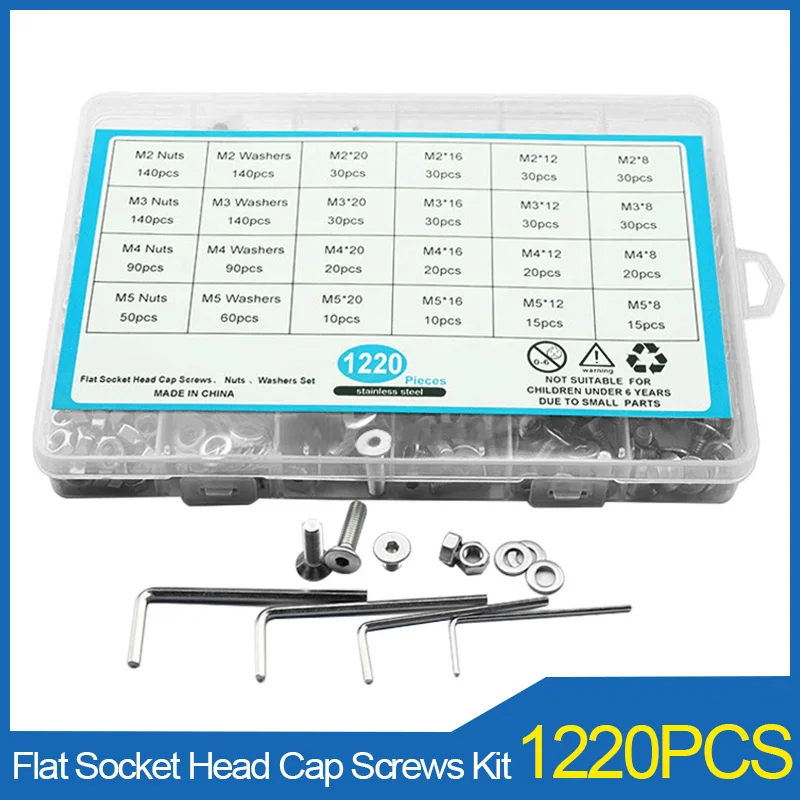 Hex Parafuso de Cabeça Soquete Kit Plana Parafuso Allen Escareado com Porca Arruela Plana Conjunto Aço Inoxidável 1220 Peças m2 m3 m4 m5 304 de