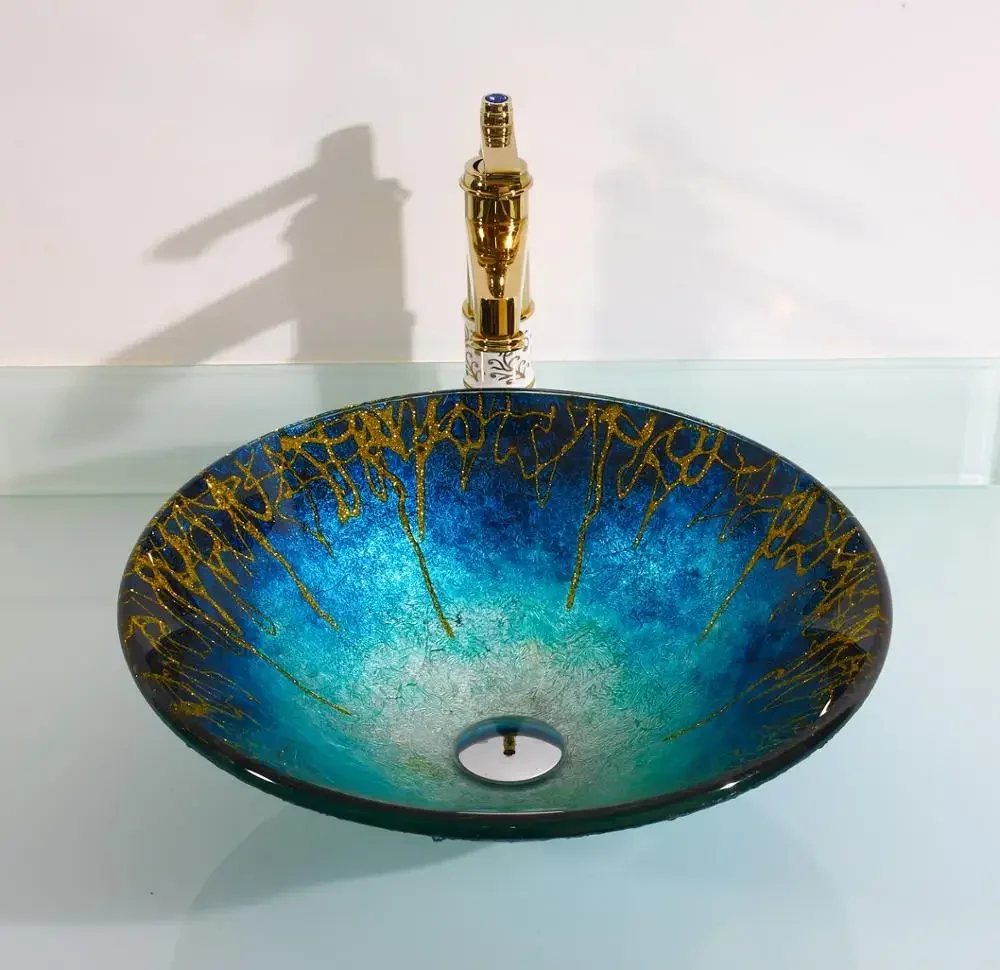 

YYHC-New Modern Design Black Gold Tree Art Series Glass Vanity Wash Basin