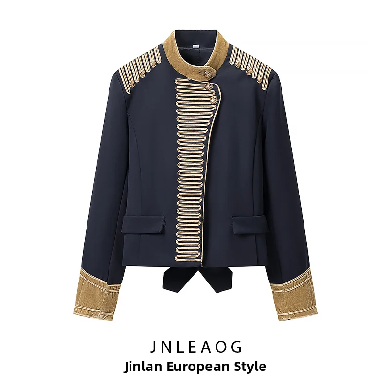 JNLEAOG Summer New Women's Fashion High Gloss Embroidery Design Versatile Outerwear Polyester Long Sleeve Stand Collar Coat