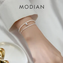 Modian 100% 925 Sterling Silver Double Layer Natural Pearls Adjustable Dazzling Chain Bracelets For Women Fine Jewelry 2021 New
