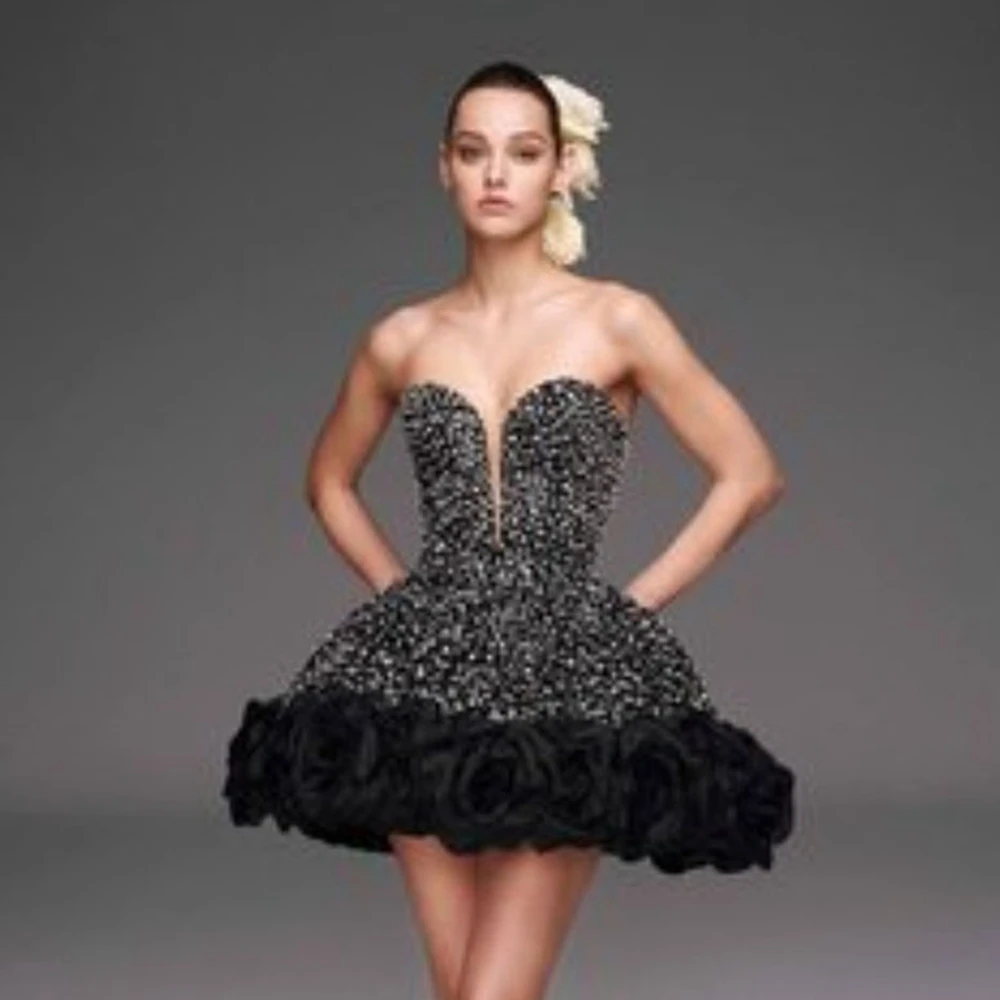 

Sweetheart Black Floral Dress Mini Length Rose Sequins Party Dresses Custom Made Ever Pretty 2024 New Fashion Cocktail Gown