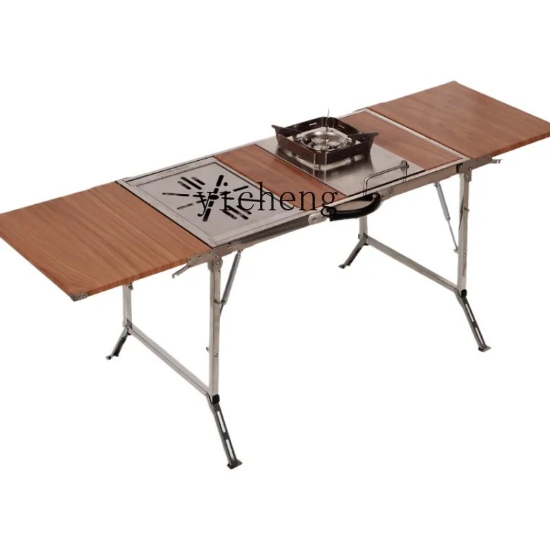 Tqh Outdoor Mobile Kitchen Stainless Steel Multifunctional Table Camping Tea Table Barbecue round Picnic Table