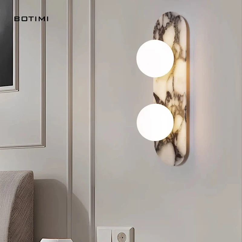 BOTIMI Nordic Marble Wall Lamp With Round Glass Lampshade For Living Room Bedside Wall Sconce Aisle