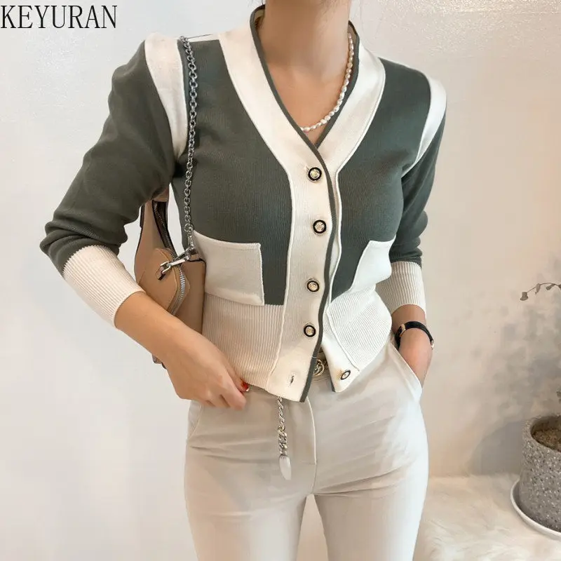 Color-blocking Button Long Sleeve Knitted Sweaters Women\'s Cropped Cardigan Korean Autumn V-neck Single-breasted Sweater Jacket