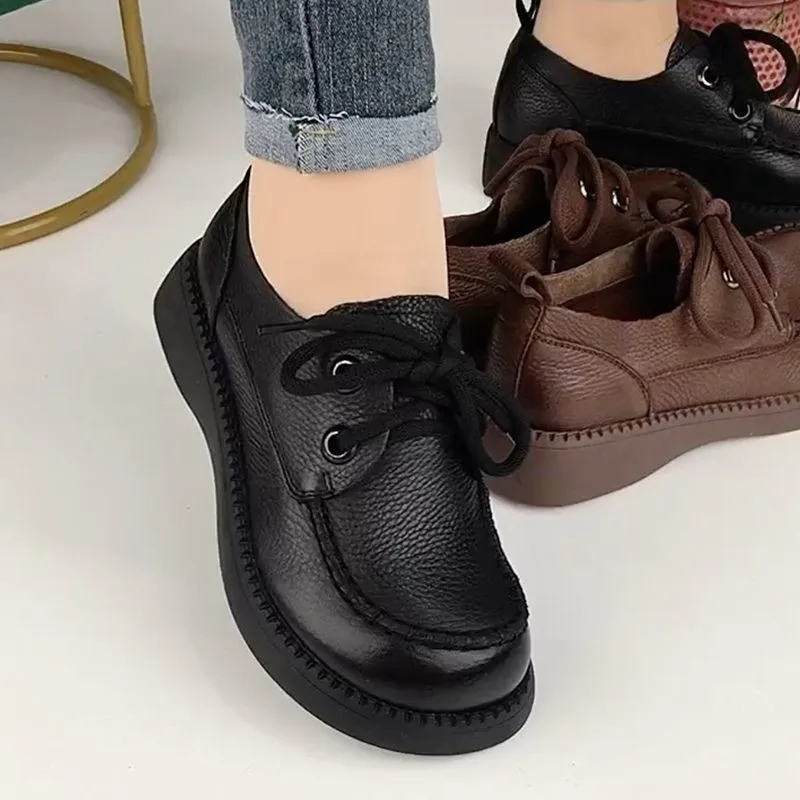 Spring and Autumn 2023 New Muffin Soles PU Deep-mouthed Mid-heel Low-top Shoes with Cross Tie Round Rubber Thick Soles Women\'s